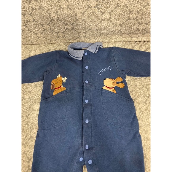 Carters Baby Blue Snap One Piece Outfit 9-12 monthd Puppy Dog Applique Woof! - Picture 1 of 8
